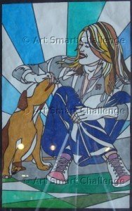 Woman petting dog - Stained Glass Designs