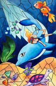girl riding a dolphin in the sea stained glass