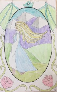 woman in mirror with dragons stained glass picture