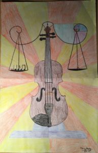 scales of justice on a violin - stained glass project